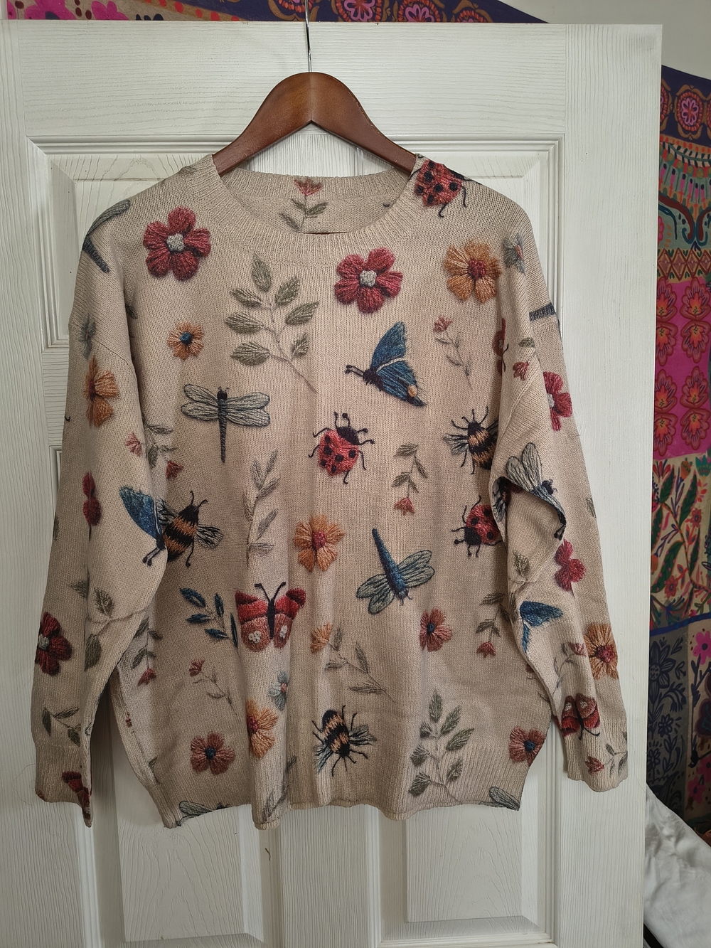 Beige Floral & Insect Crewneck Sweater